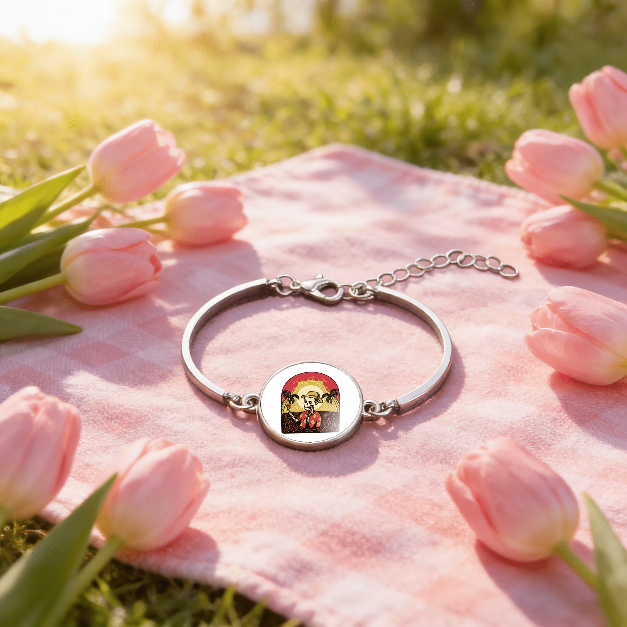 Adjustable Bangle with Skull Design and Gemstone Inlay